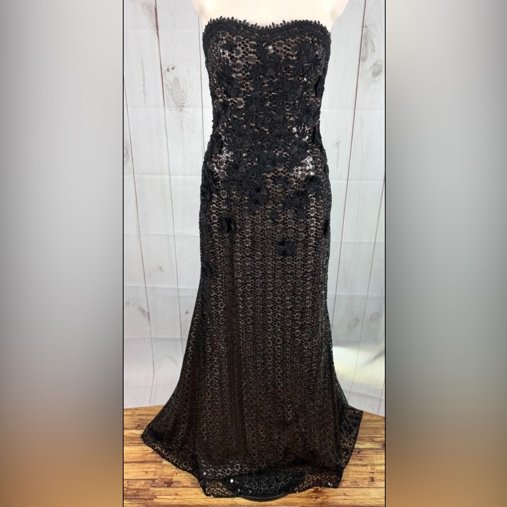 Liancarlo Couture Black Nude Sequin Guipure Lace Strapless Formal Gown Dress